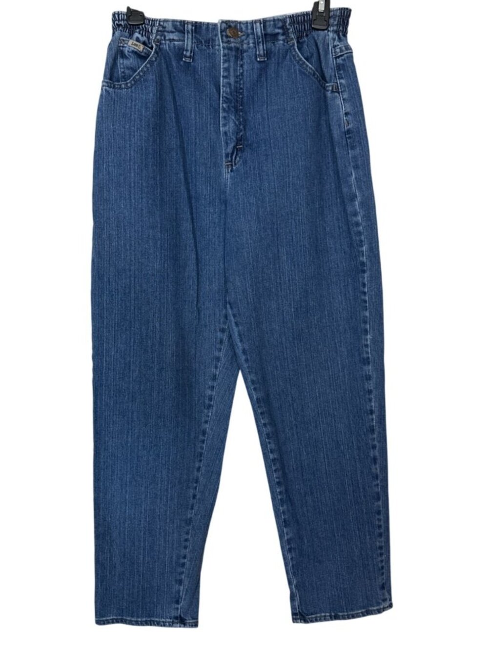 90s Y2k Lee High Waist Jeans 10 Short Side Elastic Waist Tapered Blue 27x27
